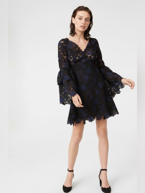 Club Monaco Dresses & Skirts - CLUB MONACO Kaelane Navy Lace Ruffle Midi Dress Size 10 Fit & Flare Whimsigoth